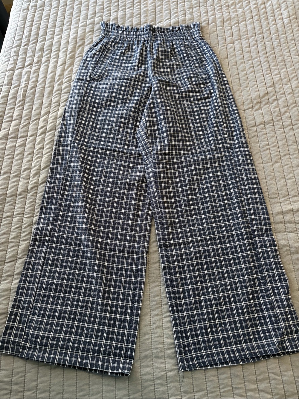 Urban Outfitters Navy Plaid Wide Leg Paperbag Pants Academia Preppy XS - Picture 2 of 9